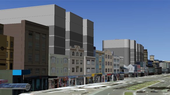 An artist’s impression shows how apartment blocks up to 21 metres high could be built in Bondi Beach under housing reforms proposed by the Minns government.