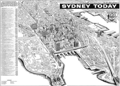 Charles Altmann's detailed illustration of Sydney made after a flight in a helicopter.