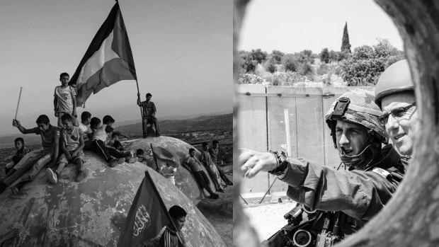 Palestinian children in the village of Bilin, in the Israeli-occupied West Bank; John Lyons (right) in Bilin with an Israeli soldier during a Palestinian demonstration there in 2010. 