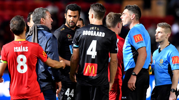 Flashpoint: Adelaide United coach Marco Kurz gets involved after Adelaide were denied a late penalty.