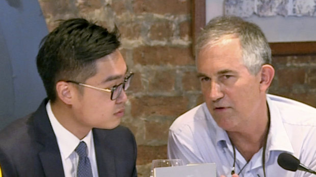 The Financial Times Asia news editor, Victor Mallet, right, speaks with Andy Chan, founder of the Hong Kong National Party, during a luncheon at the Foreign Correspondents Club in Hong Kong in August.