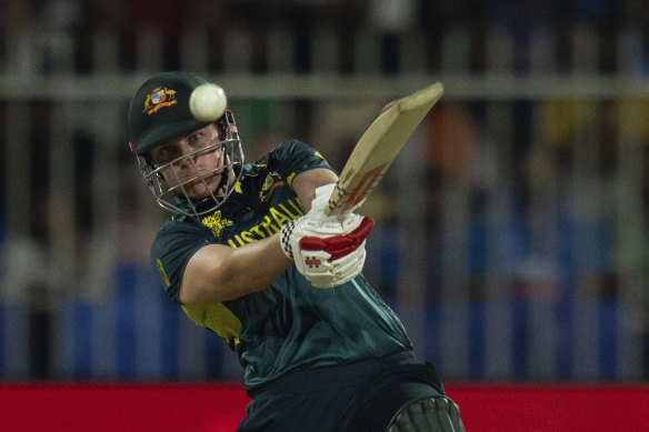 Australia’s Tahlia McGrath plays a shot during the ICC Women’s T20 World Cup 2024 match between India and Australia at Sharjah Stadium, United Arab Emirates