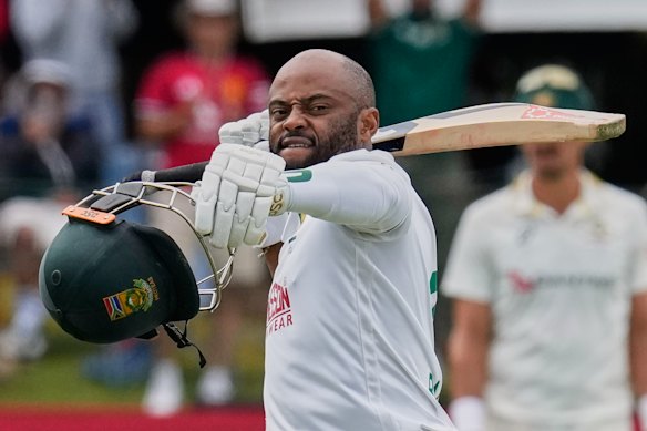 South Africa’s captain Temba Bavuma celebrates after hitting a century.