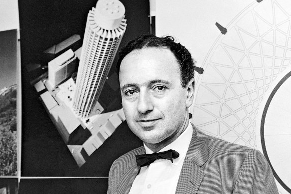 Architect Harry Seidler with a diagram of his Australia Square building on 15 August 1964.