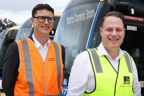 Transport Minister Bart Mellish (left) has ruled out a tunnel entry and exit at Chermside in the proposed Gympie Road bypass tunnel. He is pictured with Lord Mayor Adrian Schrinner, who supports a state-funded tunnel.