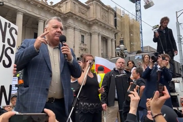 Federal MP Craig Kelly speaks at a protest in Melbourne on November 13.