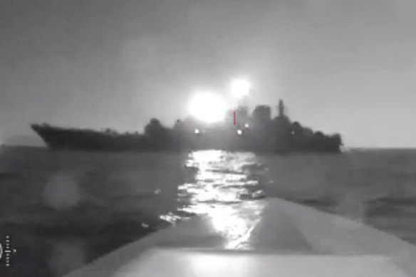 A sea drone shows the silhouette of Olenegorsky Gornyak warship near the port of Novorossiysk on the Black Sea in this screengrab obtained from social media video released on August 4, 2023.