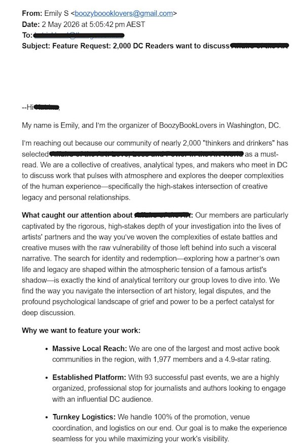 An example of one of the scam emails increasingly being sent to authors.