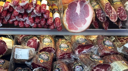 A cold meats display in Parma, Italy.