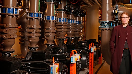 Sydney Opera House Environmental Sustainability Manager Emma Bombonato, with some of the state of the 35 kilometres of pipes that heat and cool the building.