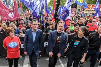 Luke Hilakari (second right) with Premier Daniel Andrews at a union rally.