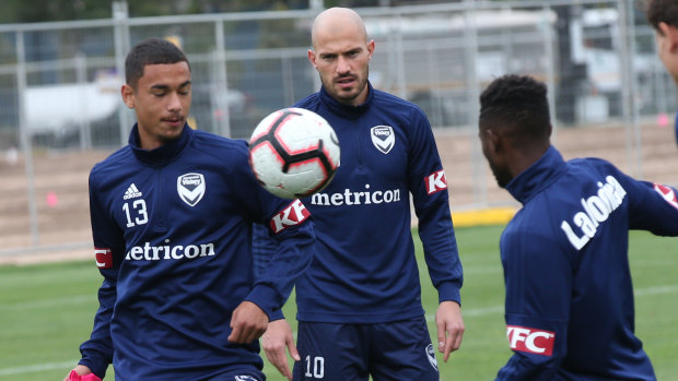 Hot form: Melbourne Victory at training ahead of the derby.