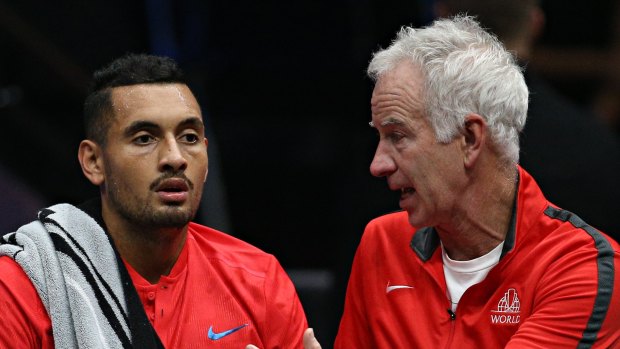 Tips from the master: John McEnroe talking to Nick Kyrgios during the Laver Cup in 2017.