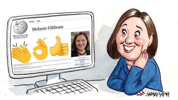 Liberal MP Melanie Gibbons' Wikipedia page has had a spring clean from someone in Parliament House. Illustration: John Shakespeare