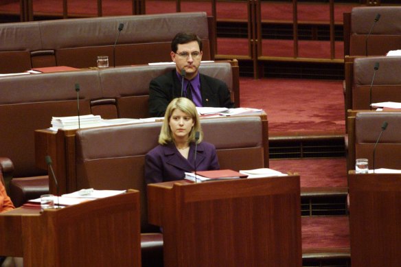 Then-Democrats senators Andrew Bartlett and Natasha Stott Despoja after crossing the floor to vote against the GST in 1999.