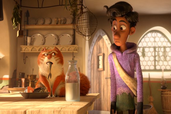 Maurice (Hugh Laurie) and Keith (Himesh Patel) in The Amazing Maurice.