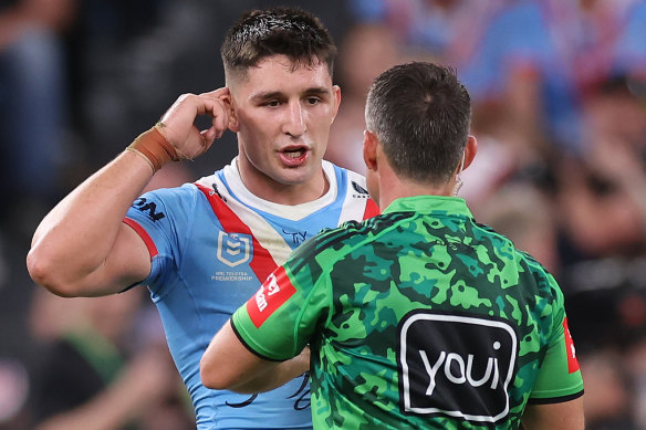 Victor Radley remonstrates with referee Adam Gee on Anzac Day.