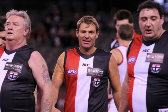 Shane Warne and friends after a legends’ game at Etihad Stadium.