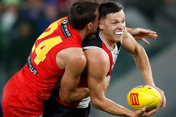 Marcus Windhager has become an important shutdown midfielder for St Kilda.