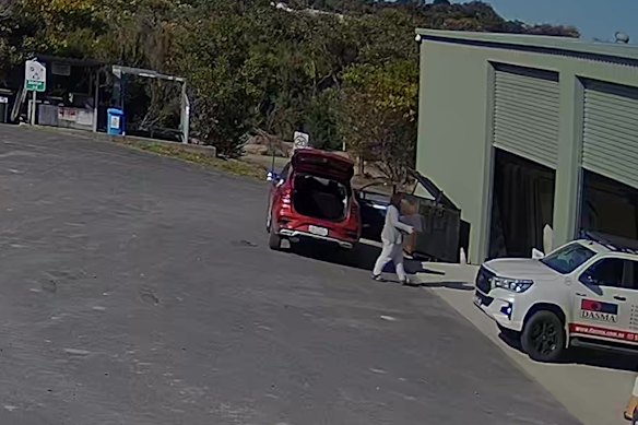 A still from CCTV footage of Erin Patterson dumping a dehydrator at Koonwarra waste station on August 2, 2023, was among exhibits shown to the jury.