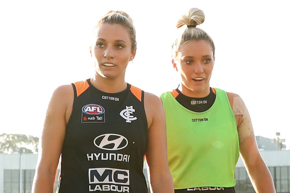 Sarah Hosking (left) says the Blues have an advantage with the game having been moved to Ikon Park due to the large crowds expected.