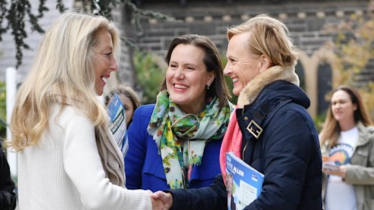 Kelly O'Dwyer campaigning with Liberal candidate Katie Allen (right) at a Malvern pre-polling booth.