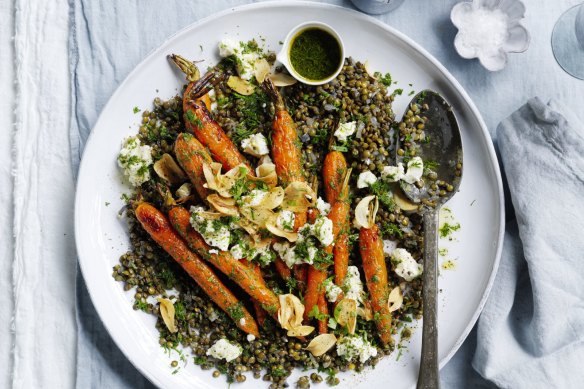 Danielle Alvarez’s whole roast carrots with lentils, goats curd and garlic chips.