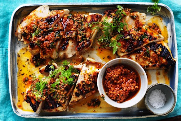 Barbecued chicken with Spanish romesco sauce. 