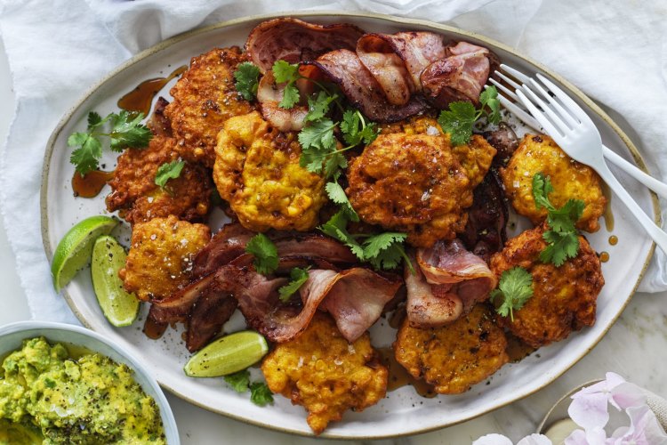 Neil Perry’s fried sweetcorn cakes with bacon, avocado and maple syrup.