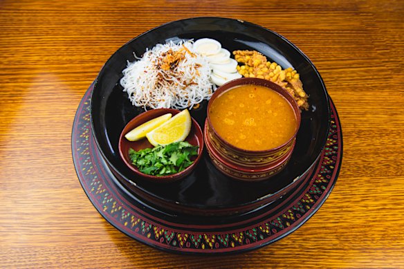 Burmese House’s mohinga, a seafood noodle soup, is finished with hard-boiled egg and more.