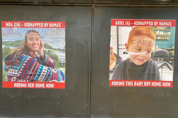 Posters of Israeli civilians abducted by Hamas were defaced in Inkerman Street, St Kilda East.