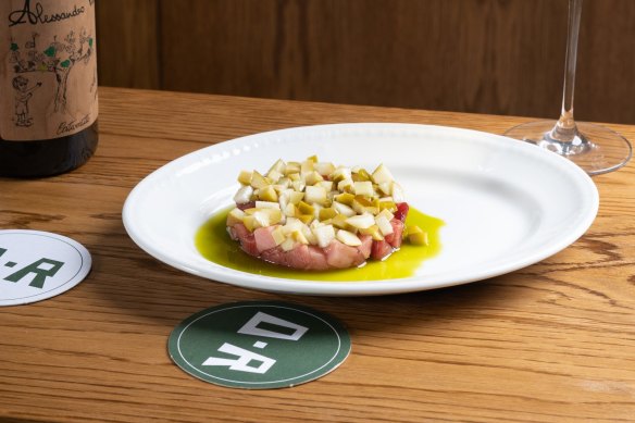 Tuna tartare with lemon sorrel and beurre bosc pear.