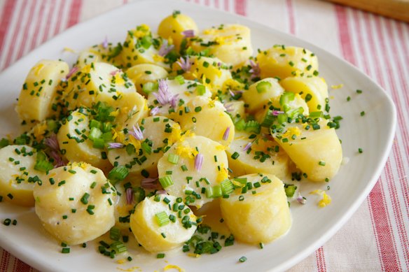 Kipfler potatoes with lemon and horseradish.