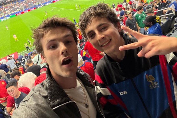 Cruz Beckham and Timothée Chalamet attend the FIFA World Cup 2026 Quarter Final match between Spain and Belgium at Los Angeles Stadium on July 10, 2026 in Inglewood, California.