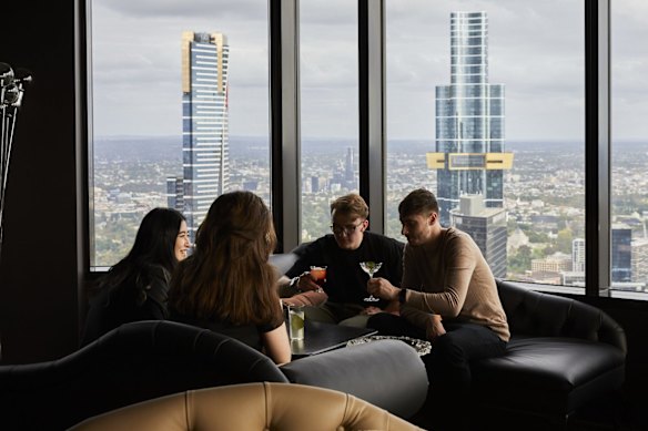 Lui Bar, the cocktail bar attached to Vue de Monde restaurant, is a more affordable way to enjoy the exceptional views across Melbourne.Credit Parker Blain
For Good Food, 3 May, 2022