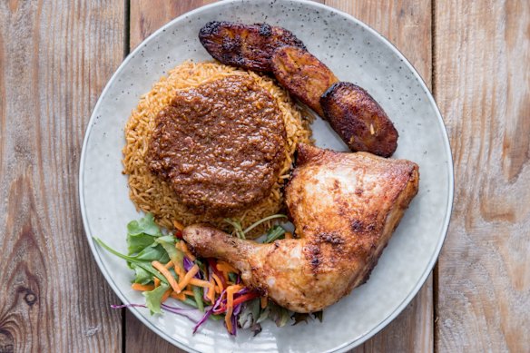 Jollof rice with chicken at Vola Foods.