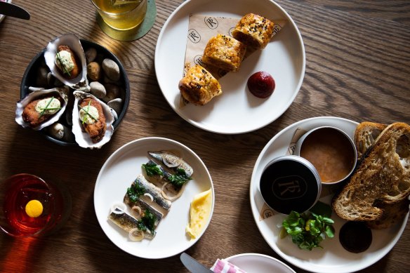 Hot smoked sardines, lamb sausage roll; Southern-style fried oysters and potted pig rillettes.
