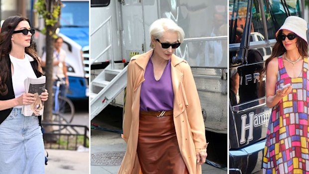 Anne Hathaway as Andy Sachs wearing Agolde denim skirt (left) and Gabriela Hearst paired with a fend mesh bag (left). Meryl Strep (middle) on set as Miranda Priestly sporting Jimmy Choo sunglasses.