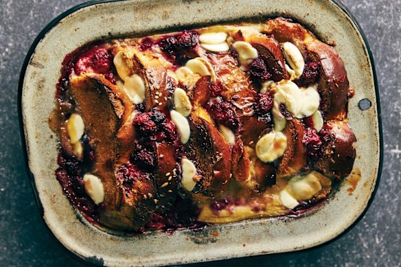 Bread and butter pudding with tsoureki, white chocolate and raspberries.