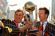 Shane Warne and Steve Waugh at a victory parade in Melbourne after victory at the 1999 World Cup.