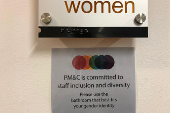 A sign at the restrooms of the DP&C offices in Canberra