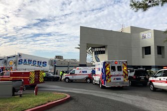 Ambulances parked outside of Saugus High School after reports of a shooting. 