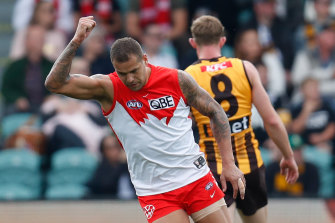 Lance Franklin booted three goals for Swans against his former side on Monday. 