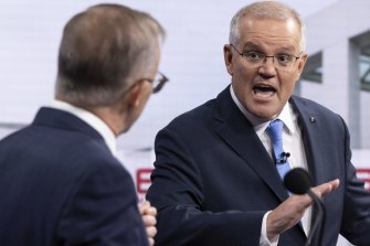 Australian Opposition Leader Anthony Albanese and Australian Prime Minister Scott Morrison during the second leaders’ debate of the 2022 federal election campaign at the Nine studio in Sydney, NSW, on Sunday 8 May 2022. 