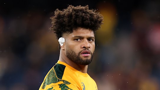 Rob Valetini of the Wallabies warms up ahead of the second test of the series against the Lions