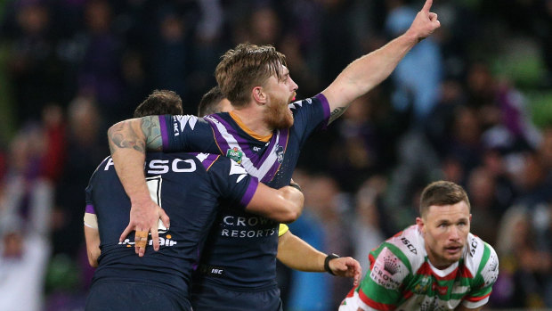 Hammer blow: Cameron Munster delivers victory for the Storm with a late field goal.