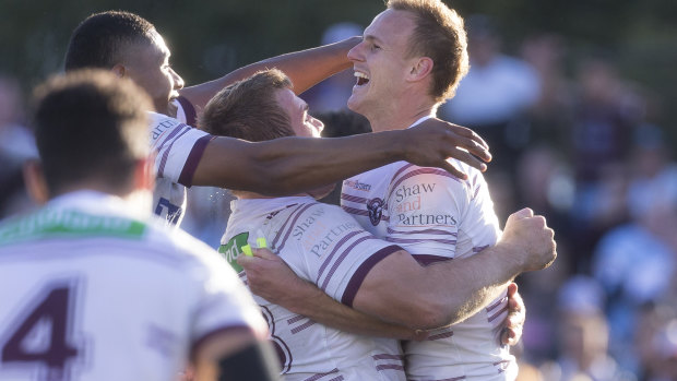 Daly Cherry-Evans celebrates his match-winning drop goal for Manly against Cronulla.