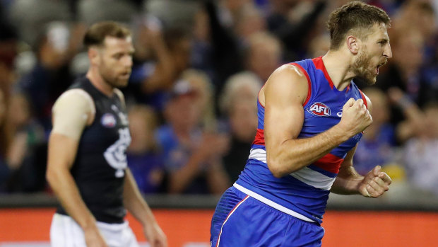 Bulldogs skipper Marcus Bontempelli celebrates a goal during his side’s clash with Carlton at Marvel Stadium.