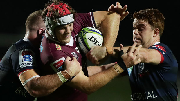 Queensland's Fraser McReight is tackled.