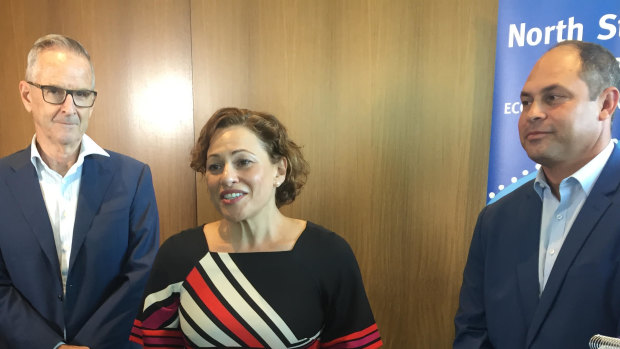 (From left) Sibelco chief executive Tom Cutbush Deputy Premier Jackie Trad and Quandamooka chief executive Cameron Costello at the announcement.